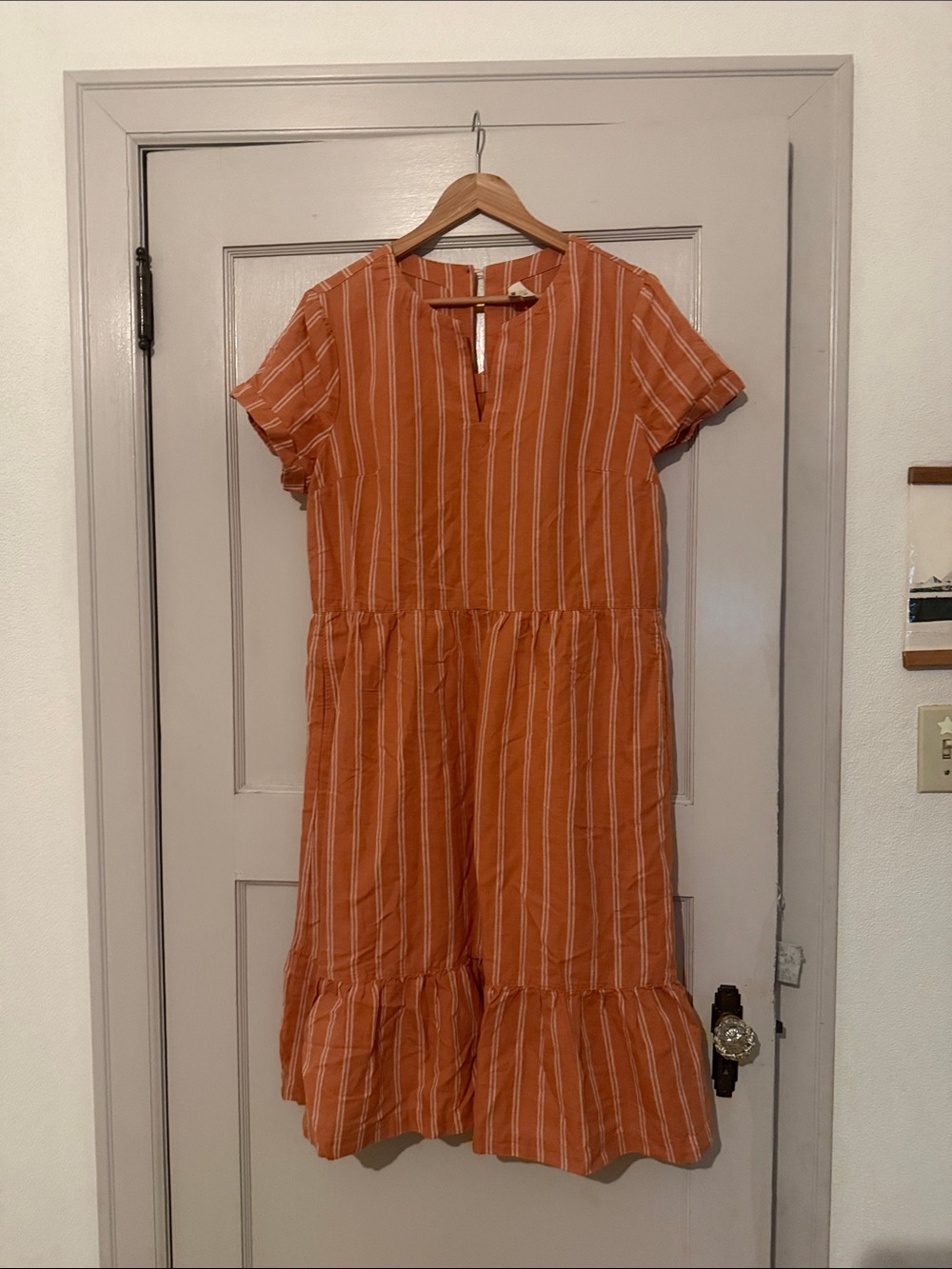 Pact Coral Vertical-Stripe Organic Linen Tiered Casual Dress